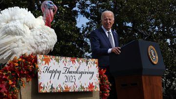 U.S. President Joe Biden pardons the National Thanksgiving Turkey, Liberty, during the annual ceremony on the South Lawn at the White House in Washington, U.S., November 20, 2023. REUTERS/Leah Millis