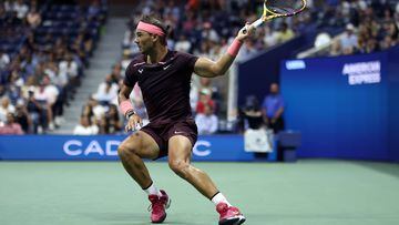Rafael Nadal in action against Fabio Fognini on Day Four of the 2022 US Open at USTA Billie Jean King National Tennis Center on September 01, 2022.
