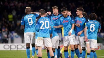 NAPLES, ITALY - MARCH 15: Victor Osimhen of SSC Napoli celebrates with team mates after scoring his opening goal ,during the UEFA Champions League round of 16 leg two match between SSC Napoli and Eintracht Frankfurt at Stadio Diego Armando Maradona on March 15, 2023 in Naples, Italy. (Photo by MB Media/Getty Images)