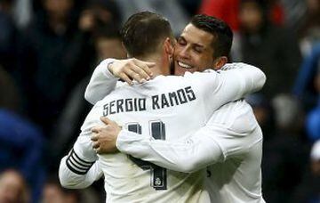 Captain Sergio Ramos congratulates Cristiano, who is LaLiga's top scorer on 21 goals.