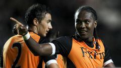 MILTON KEYNES, ENGLAND - AUGUST 7: Hugo Rodallega of Fulham celebrates scoring the only goal of the game during a Pre-Season Friendly Match between MK Dons and Fulham at Stadium MK on August 7, 2012 in Milton Keynes, England. (Photo by Ben Hoskins/Getty Images)