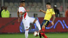 Soccer Football - 2018 World Cup Qualifiers - Peru v Colombia - Nacional Stadium, Lima, Peru - October 10, 2017. Peru&#039;s Miguel Trauco and Colombia&#039;s James Rodriguez in action. REUTERS/Guadalupe Pardo