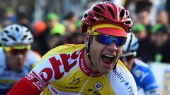 Belgian cyclist Antoine Demoitie crossing the finish line for the 36th &quot;Grand Prix de la Marseillaise&quot; cycling race on February in Marseille, southeastern France. tie, Aged 25, he died after he was struck by a motorbike following a fall during t