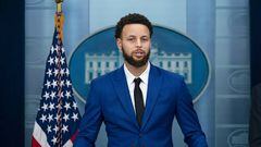 Stephen Curry, basketball player for the NBA's Golden State Warriors, speaks during a news conference in the James S. Brady Press Briefing Room at the White House in Washington, DC, US, on Tuesday, Jan. 17, 2023. President Biden is honoring the team to celebrate their 2022 NBA championship against the Boston Celtics. Photographer: Al Drago/Bloomberg via Getty Images