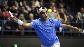 Argentina's Francisco Cerundolo returns the ball to Finland's Otto Virtanen during their men's singles match of the Davis Cup Finals qualifier between Finland and Argentina in Espoo, Finland, on February 4, 2023. - - Finland OUT (Photo by Emmi Korhonen / Lehtikuva / AFP) / Finland OUT (Photo by EMMI KORHONEN/Lehtikuva/AFP via Getty Images)