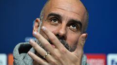 Manchester City's Spanish manager Pep Guardiola reacts as he attends a press conference at Manchester City training ground in Manchester, north-west England on March 13, 2023, on the eve of their UEFA Champions League round of 16 second-leg football match against RB Leipzig. (Photo by Paul ELLIS / AFP)