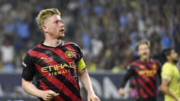 HOUSTON, TEXAS - JULY 20: Kevin De Bruyne of Manchester City celebrates after scoring their sides second goal during the Pre-Season friendly match between Manchester City and Club America at NRG Stadium on July 20, 2022 in Houston, Texas.   Logan Riely/Getty Images/AFP
== FOR NEWSPAPERS, INTERNET, TELCOS & TELEVISION USE ONLY ==