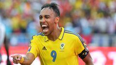 Gabon&#039;s forward Pierre-Emerick Aubameyang celebrates after scoring a goal during the 2017 Africa Cup of Nations group A football match between Gabon and Guinea-Bissau