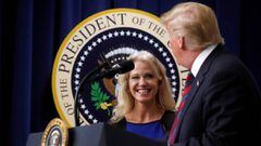 Donald Trump shares a moment with White House counselor Kellyanne Conway as he gives remarks during the White House State Leadership Day Conference for local officials of Alaska, Hawaii and California at the White House in Washington, U.S., October 23, 20