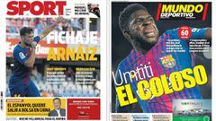 Portadas de los diarios Sport y Mundo Deportivo del d&iacute;a 16 de octubre de 2016.