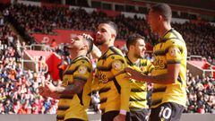 SOUTHAMPTON, ENGLAND - MARCH 13: Cucho Hernandez of Watford FC celebrates with team mates Imran Louza and Joao Pedro after scoring their sides second goal during the Premier League match between Southampton and Watford at St Mary&#039;s Stadium on March 1