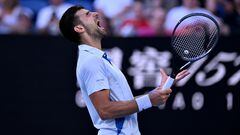 Melbourne (Australia), 23/01/2024.- Novak Djokovic of Serbia yells during his quarterfinal match against Taylor Fritz of USA at the 2024 Australian Open in Melbourne, Australia, 23 January 2024. (Tenis) EFE/EPA/LUKAS COCH AUSTRALIA AND NEW ZEALAND OUT
