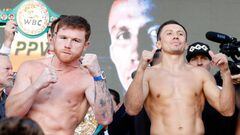 LAS VEGAS, NEVADA - SEPTEMBER 16: Canelo Alvarez of Mexico (L) and Gennadiy Golovkin of Kazakhstan (R) pose during their ceremonial weigh-in at Toshiba Plaza on September 16, 2022 in Las Vegas, Nevada. Alvarez and Golovkin will meet for the undisputed super middleweight title bout at T-Mobile Arena in Las Vegas on September 17. (Photo by Sarah Stier/Getty Images)