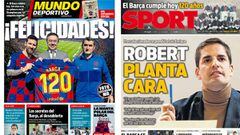 Portadas de Mundo Deportivo y Sport del 29 de noviembre de 2019 con el 120 aniversario del Bar&ccedil;a y una foto exclusiva de Messi, Bartomeu y Ernesto Valverde, y la rueda de prensa de Robert Moreno en respuesta a Luis Enrique.