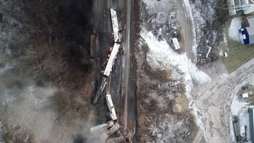 FILE PHOTO: Drone footage shows the freight train derailment in East Palestine, Ohio, U.S., February 6, 2023 in this screengrab obtained from a handout video released by the NTSB. NTSBGov/Handout via REUTERS THIS IMAGE HAS BEEN SUPPLIED BY A THIRD PARTY./File Photo