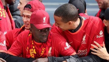 Soccer Football - Liverpool victory parade - Liverpool, Britain - May 29, 2022 Liverpool's Sadio Mane and Joel Matip during the bus parade REUTERS/Phil Noble