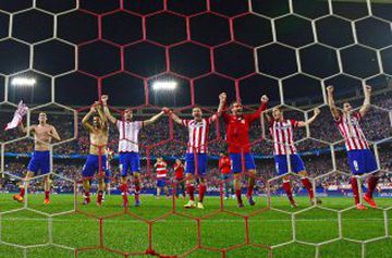 El 9 de abril de 2014, partido de vuelta de los cuartos de final de la Champions League en el Calderón, la ida acabó con empate a uno. En la imagen, los jugadores celebran el pase a semifinales tras ganar en casa por 1-0.