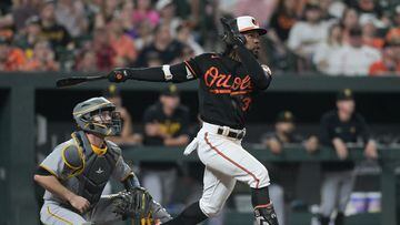 May 12, 2023; Baltimore, Maryland, USA; Baltimore Orioles center fielder Cedric Mullins (31) hits swings through a eighth inning three run homerun against the Pittsburgh Pirates  at Oriole Park at Camden Yards. Mandatory Credit: Tommy Gilligan-USA TODAY Sports