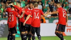 Manchester United's French striker Anthony Martial (3rd-R) celebrates with teammates after scoring a goal during the UEFA Europa League group E football match between Cyprus' Omonia Nicosia and England's Manchester United at GSP stadium in the capital Nicosia on October 6, 2022. (Photo by AFP) (Photo by -/AFP via Getty Images)