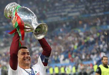 Cristiano Ronaldo poses with the trophy as he celebrates Portugal's Euro 2016 win.