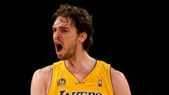 Pau Gasol #16 of the Los Angeles Lakers celebrates a play in the first half against the San Antonio Spurs in Game One of the Western Conference Finals during the 2008 NBA Playoffs on May 21, 2008 at Staples Center in Los Angeles, California.         Steph