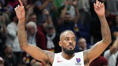 18 September 2022, Berlin: Basketball: European Championship, France - Spain, knockout round, final, Mercedes-Benz Arena, Lorenzo Brown (Spain) cheers about the victory. Photo: Soeren Stache/dpa (Photo by Soeren Stache/picture alliance via Getty Images)