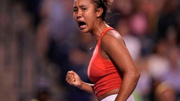 Aug 8, 2022; Toronto, ON, Canada; Leylah Fernandez  (CAN) reacts to winning a point against Storm Sanders (AUS) (not pictured)  at Sobeys Stadium. Mandatory Credit: John E. Sokolowski-USA TODAY Sports