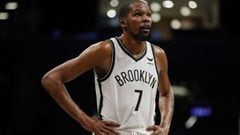 NEW YORK, NEW YORK - OCTOBER 14: Kevin Durant #7 of the Brooklyn Nets looks on during the first half against the Minnesota Timberwolves at Barclays Center on October 14, 2021 in the Brooklyn borough of New York City. NOTE TO USER: User expressly acknowled