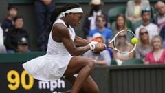 Coco Gauff of the U.S. plays a return to Germany&#039;s Angelique Kerber during the women&#039;s singles fourth round match of the Wimbledon Tennis Championships