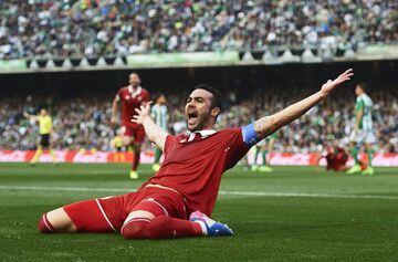 Iborra celebrates his winning goal for Sevilla in Saturday's derby clash.