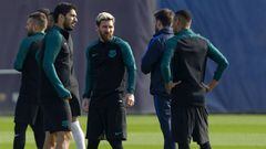 Messi, Luis Su&aacute;rez y Neymar, durante el entrenamiento del Barcelona.  