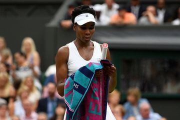 LONDON, ENGLAND - JULY 15: Venus Williams of The United States looks thoughtful during the Ladies Singles final against Garbine Muguruza of Spain on day twelve of the Wimbledon Lawn Tennis Championships at the All England Lawn Tennis and Croquet Club at Wimbledon on July 15, 2017 in London, England.