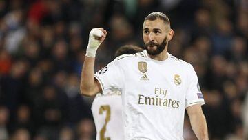 06 November 2019, Spain, Madrid: Real Madrid&#039;s Karim Benzema celebrates scoring his side&#039;s fifth goal during the UEFA Champions League Group A soccer match between Real Madrid FC and Galatasaray SK at the Santiago Bernabeu. Photo: Manu Reino/SOP