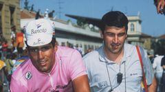 Francis Lafargue, junto a Miguel Indurain durante una etapa del Giro de Italia.