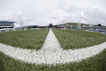 A pitch-level view of the Faroe Islands' Tórsvollur stadium.