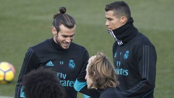 Gareth Bale, Marcelo, Cristiano Ronaldo y Luka Modric, durante el entrenamiento del Real Madrid.