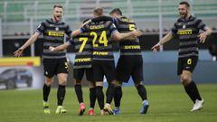 Inter Milan&#039;s Alexis Sanchez, second left, celebrates with his teammate Christian Eriksen, Roberto Gagliardini, Stefan de Vrij, right, and Milan Skriniar after scoring his side&#039;s third goal during a Serie A soccer match between Inter Milan and G