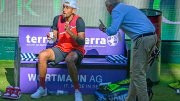 HALLE, GERMANY - JUNE 15: Nick Kyrgios (L) of Australia argues with ATP Supervisor Hans-Juergen Ochs in his match against Stefanos Tsitsipas of Greece during day five of the 29th Terra Wortmann Open at OWL-Arena on June 15, 2022 in Halle, Germany. (Photo by Thomas F. Starke/Getty Images)