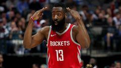 DALLAS, TX - JANUARY 24: James Harden #13 of the Houston Rockets reacts after scoring against the Dallas Mavericks at American Airlines Center on January 24, 2018 in Dallas, Texas. NOTE TO USER: User expressly acknowledges and agrees that, by downloading 
