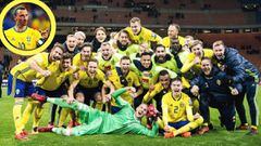 Los jugadores de Suecia celebran la clasificaci&oacute;n para el Mundial de rusia 2018 sobre el c&eacute;sped de San Siro.