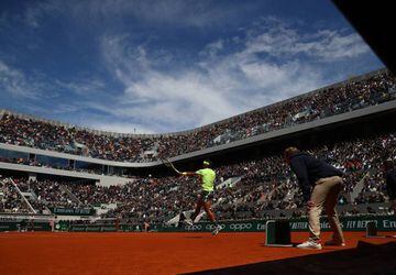 Rafael Nadal in action against Roger Federer in Paris today