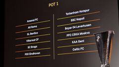 Nyon (Switzerland), 02/10/2020.- A handout photo made available by UEFA shows view of the Pot 1 team names displayed on the screen before the UEFA Europa League 2020/21 Group Stage Draw at the UEFA Headquarters, the House of European Football in Nyon, Swi