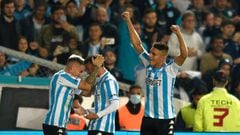 AVELLANEDA, ARGENTINA - MAY 10: Enzo Copetti (L) of Racing Club celebrates with teammates after scoring his team's third goal during a quarterfinal match of Copa De la Liga 2022 between Racing Club and Aldosivi at Presidente Peron Stadium on May 10, 2022 in Avellaneda, Argentina. (Photo by Gustavo Garello/Jam Media/Getty Images)