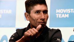 Colombian cyclist Nairo Quintana (Team Movistar) gives his thumb-up during a press conference in Rionegro, Antioquia department, Colombia on February 11, 2019. - The Tour Colombia 2.1 cycling race, will take place between the 12th and 17th of February. (Photo by JOAQUIN SARMIENTO / AFP)