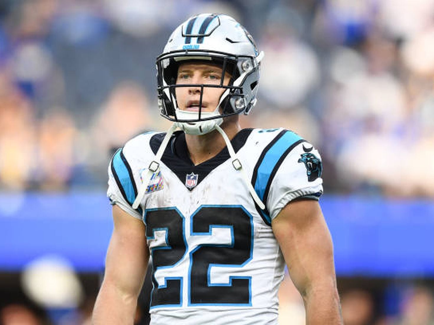 San Francisco 49ers running back Christian McCaffrey warms up before an NFL  football game against the Kansas City Chiefs in Santa Clara, Calif.,  Sunday, Oct. 23, 2022. (AP Photo/Godofredo A. Vásquez Stock