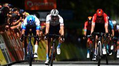 GAP, FRANCE - JUNE 10: (L-R) Dylan Groenewegen of Netherlands and Team BikeExchange - Jayco and Edvald Boasson Hagen of Norway and Team Total Energies crossing the finishing line the 74th Criterium du Dauphine 2022, Stage 6 a 196,4km stage from Rives to Gap 742m / #WorldTour / #Dauphiné / on June 10, 2022 in Gap, France. (Photo by Dario Belingheri/Getty Images)
