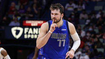 Feb 17, 2022; New Orleans, Louisiana, USA; Dallas Mavericks guard Luka Doncic (77) reacts to a play against the New Orleans Pelicans during the second half at the Smoothie King Center. Mandatory Credit: Stephen Lew-USA TODAY Sports