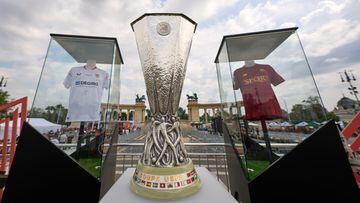 BUDAPEST, HUNGARY - MAY 30: A view of the UEFA Europa League trophy at the Fan Festival ahead of the UEFA Europa League 2022/23 final match between Sevilla FC and AS Roma at Heroes' Square on May 30, 2023 in Budapest, Hungary. (Photo by Angel Martinez - UEFA/UEFA via Getty Images)