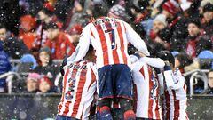 TORONTO, ON - APRIL 17: Chivas Guadalajara celebrate their victory over Toronto FC during the CONCACAF Champions League Final Leg 1 on April 17, 2018 at BMO Field in Toronto, Ontario, Canada.   Graig Abel/Getty Images/AFP == FOR NEWSPAPERS, INTERNET, TEL