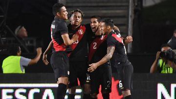Luis Abram from Peru (2nd R) celebrates with teammates after scoring against Brazil during the International Friendly football match between Brazil and Peru at the Los Angeles Memorial Coliseum, in Los Angeles, California on September 10, 2019. - Peru wen